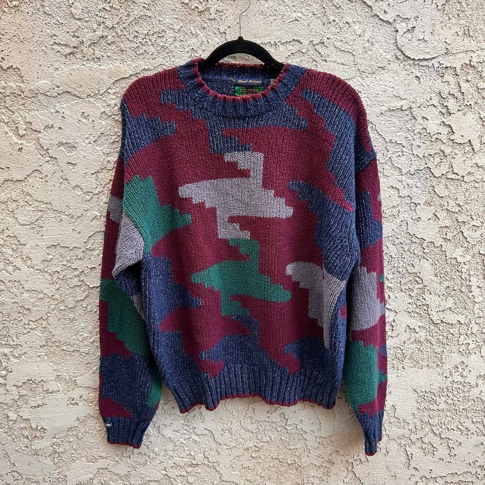 Vintage 90s Abstract Geometric Colorblock Grandpa Sweater Mens L